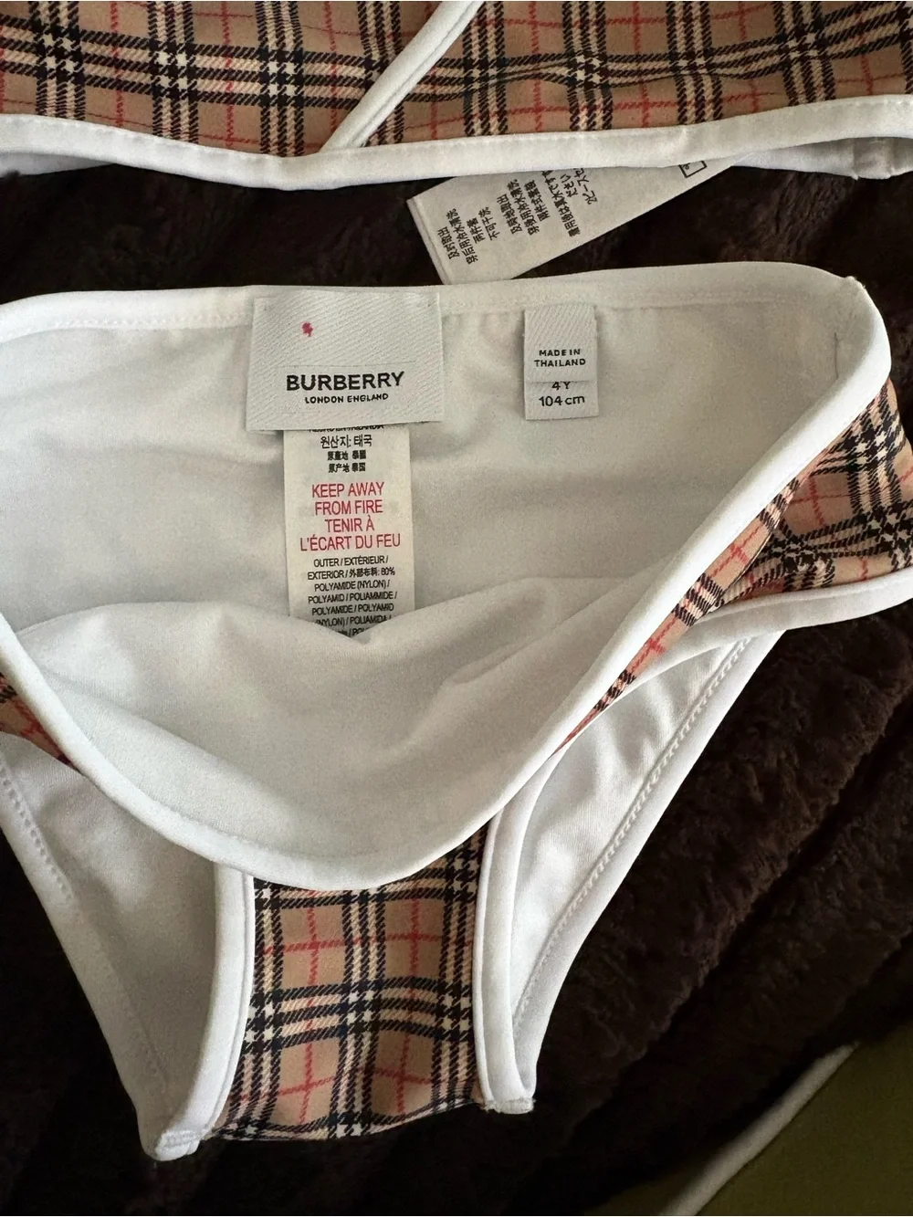 Burberry Tan Plaid Girls Two-Piece Swim Bikini with White Trim